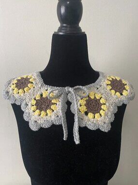 Handmade Crochet Grey Cream Yellow Brown Sunflower Collar Neckwear Accessory